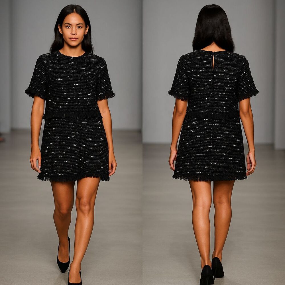 Zara Woman Black Tweed Boucle Fringed Hem Wear to Work Office Shift Dress Medium